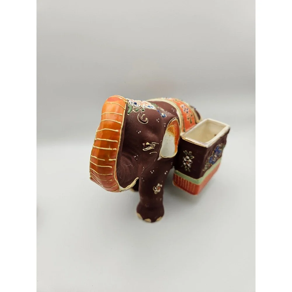 Vintage 1920s Japanese Satsuma Moriage Elephant Ashtray and Cigarette Holder Set